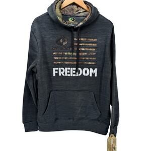 Mossy Oak Hoodie Mens Medium Gray Camo Flag FREEDOM Pullover Jacket NEW